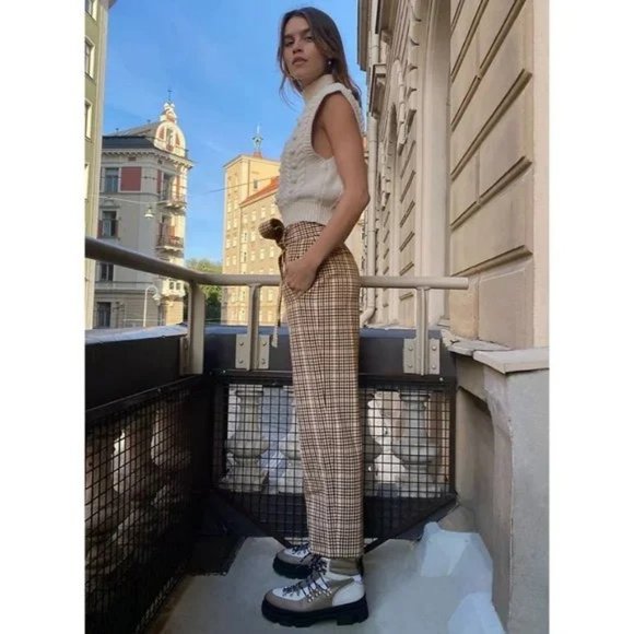 Aritzia Wilfred New Tie Front Belt Check Plaid Pants Cropped High Rise Trousers - Picture 3 of 13